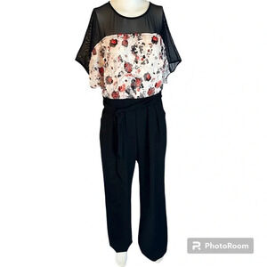 Eva Franco Jumpsuit Black Pants, Black Sheer Top, Contemporary Floral Si…
